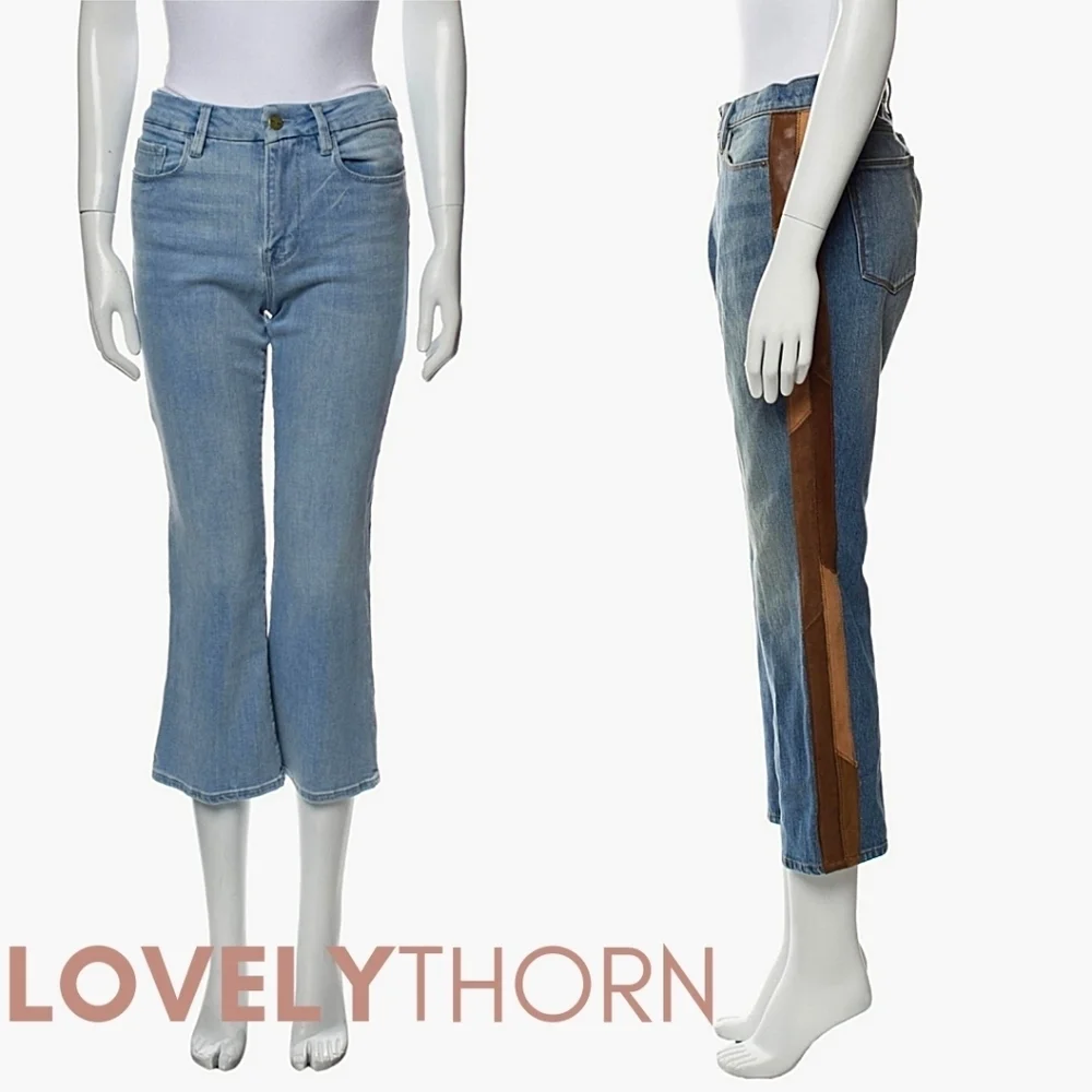 FRAME // ltd ed le high straight cropped paneled leather tuxedo stripe denim